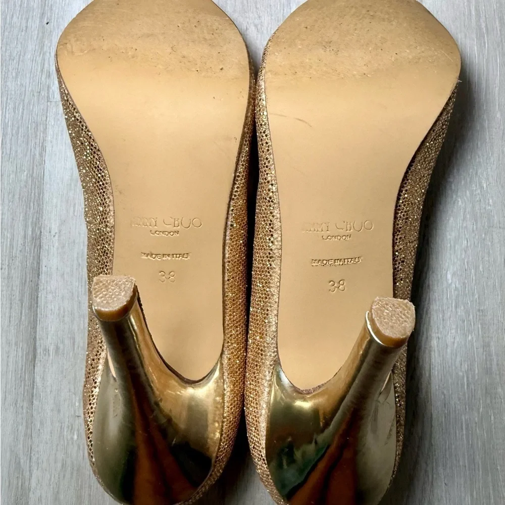 Jimmy Choo Gold Glitter Peep Toe Pumps Women’s EU 38 US 7.5 Stiletto Heels
